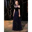 Elegant Navy Blue See-through Evening Dresses  2019 A-Line / Princess High Neck Short Sleeve Glitter Tulle Floor-Length / Long Ruffle Formal Dresses