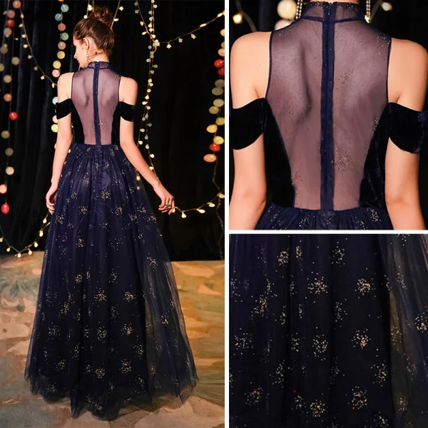 Elegant Navy Blue See-through Evening Dresses  2019 A-Line / Princess High Neck Short Sleeve Glitter Tulle Floor-Length / Long Ruffle Formal Dresses