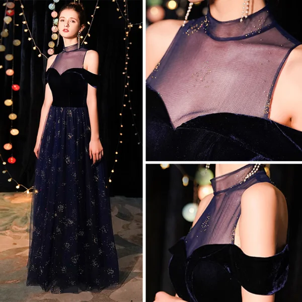 Elegant Navy Blue See-through Evening Dresses  2019 A-Line / Princess High Neck Short Sleeve Glitter Tulle Floor-Length / Long Ruffle Formal Dresses
