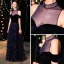 Elegant Navy Blue See-through Evening Dresses  2019 A-Line / Princess High Neck Short Sleeve Glitter Tulle Floor-Length / Long Ruffle Formal Dresses