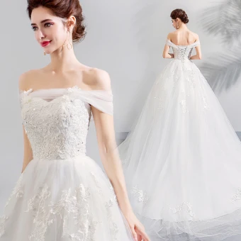 Affordable White Wedding Dresses 2019 A Line Princess Off The Shoulder Short Sleeve Backless Appliques Lace Crossed Straps Chapel Train Ruffle