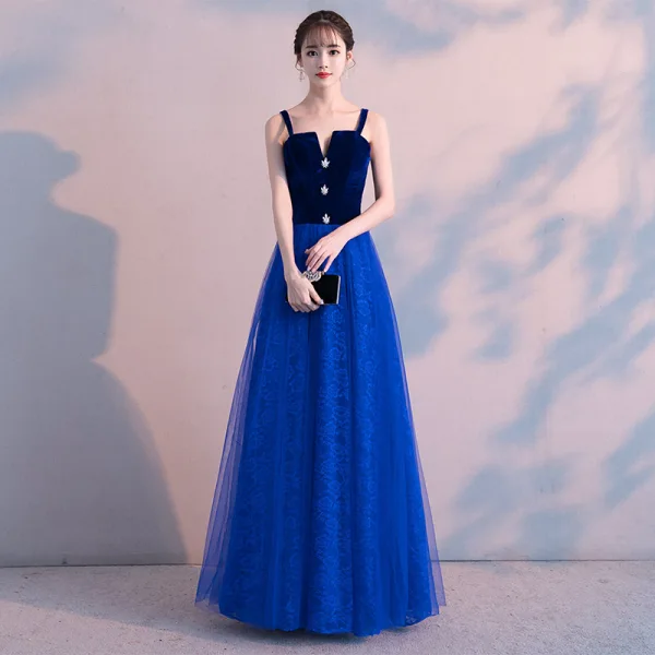 Abordable Bleu Roi Daim Robe De Soirée 2019 Princesse épaules Sans Manches Faux Diamant Longue Volants Dos Nu Robe De Ceremonie