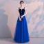 Abordable Bleu Roi Daim Robe De Soirée 2019 Princesse épaules Sans Manches Faux Diamant Longue Volants Dos Nu Robe De Ceremonie