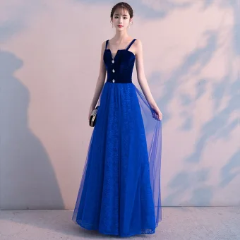 Abordable Bleu Roi Daim Robe De Soirée 2019 Princesse Épaules Sans Manches Faux Diamant Longue Volants Dos Nu Robe De Ceremonie