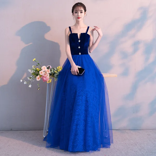 Abordable Bleu Roi Daim Robe De Soirée 2019 Princesse épaules Sans Manches Faux Diamant Longue Volants Dos Nu Robe De Ceremonie