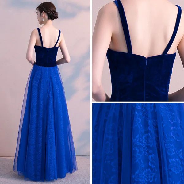 Abordable Bleu Roi Daim Robe De Soirée 2019 Princesse épaules Sans Manches Faux Diamant Longue Volants Dos Nu Robe De Ceremonie