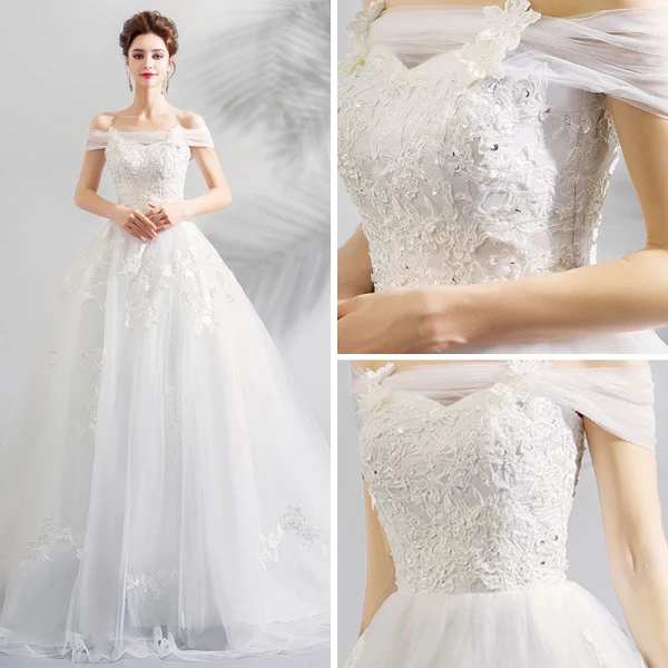 Erschwinglich Weiß Brautkleider / Hochzeitskleider 2019 A Linie Off Shoulder Kurze Ärmel Rückenfreies Applikationen Spitze Gekreuzte Träger Kapelle-Schleppe Rüschen