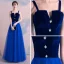 Abordable Bleu Roi Daim Robe De Soirée 2019 Princesse épaules Sans Manches Faux Diamant Longue Volants Dos Nu Robe De Ceremonie