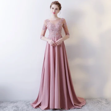 Illusion Rose Bonbon Robe De Soirée 2018 Princesse Encolure Dégagée 1 2 Manches Appliques Percé En Dentelle Faux Diamant Train De Balayage Volants Dos Nu Robe De Ceremonie