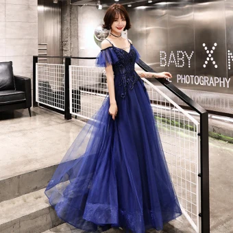 Élégant Bleu Marine Robe De Soirée 2019 Princesse Bretelles Spaghetti Sans Manches Perlage Longue Volants Dos Nu Robe De Ceremonie