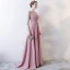 Illusion Rose Bonbon Robe De Soirée 2018 Princesse Encolure Dégagée 1/2 Manches Appliques Percé En Dentelle Faux Diamant Train De Balayage Volants Dos Nu Robe De Ceremonie