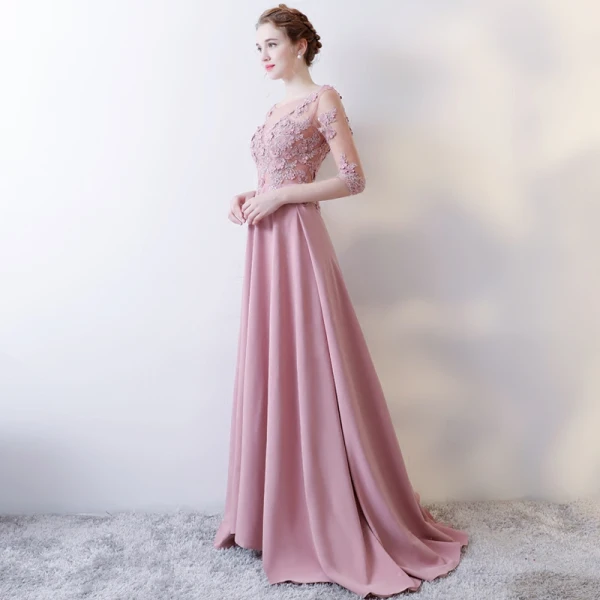 Illusion Rose Bonbon Robe De Soirée 2018 Princesse Encolure Dégagée 1/2 Manches Appliques Percé En Dentelle Faux Diamant Train De Balayage Volants Dos Nu Robe De Ceremonie