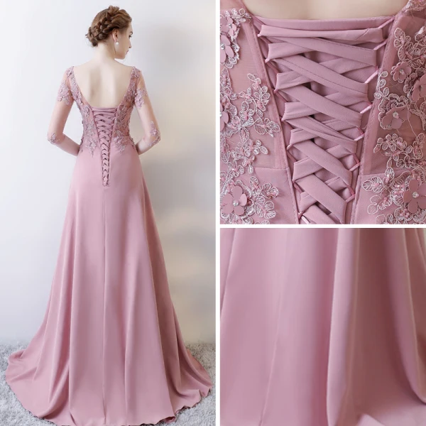 Illusion Rose Bonbon Robe De Soirée 2018 Princesse Encolure Dégagée 1/2 Manches Appliques Percé En Dentelle Faux Diamant Train De Balayage Volants Dos Nu Robe De Ceremonie
