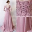 Illusion Rose Bonbon Robe De Soirée 2018 Princesse Encolure Dégagée 1/2 Manches Appliques Percé En Dentelle Faux Diamant Train De Balayage Volants Dos Nu Robe De Ceremonie