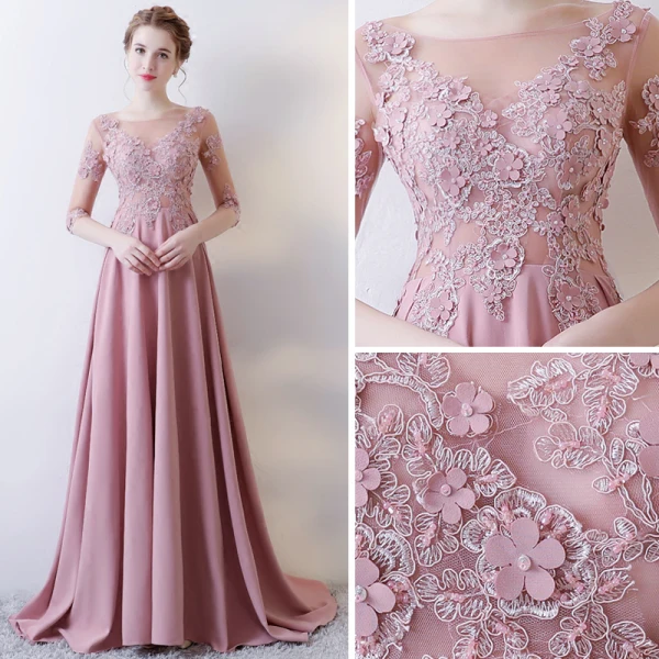 Illusion Rose Bonbon Robe De Soirée 2018 Princesse Encolure Dégagée 1/2 Manches Appliques Percé En Dentelle Faux Diamant Train De Balayage Volants Dos Nu Robe De Ceremonie