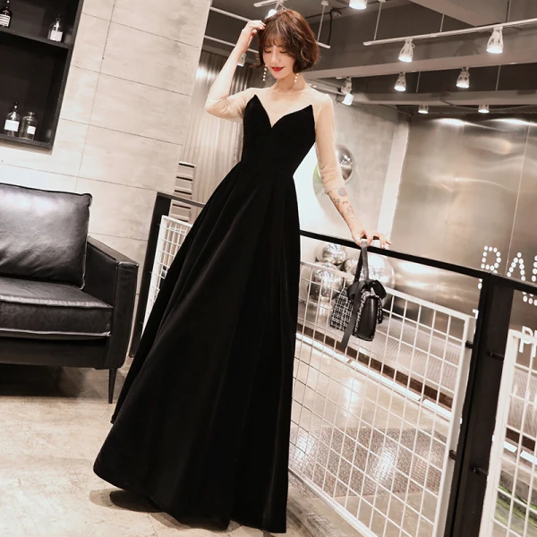 Modern / Fashion Black Suede Winter Evening Dresses 2019 A-Line / Princess Scoop Neck Long Sleeve Floor-Length / Long Ruffle Backless Formal Dresses