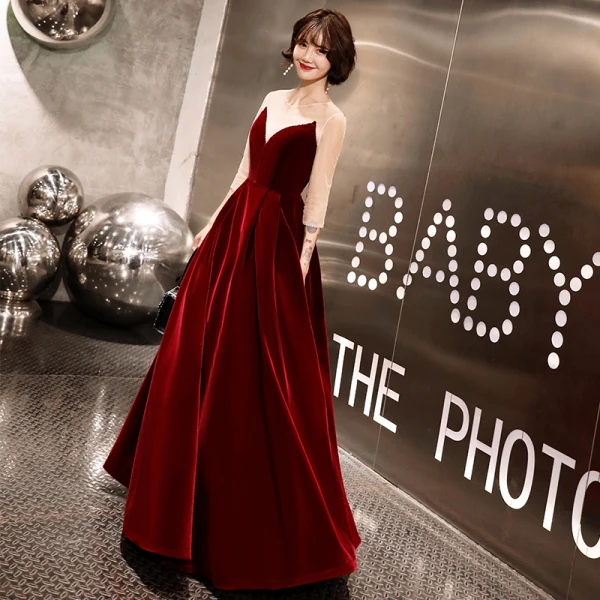 Modern / Fashion Black Suede Winter Evening Dresses 2019 A-Line / Princess Scoop Neck Long Sleeve Floor-Length / Long Ruffle Backless Formal Dresses