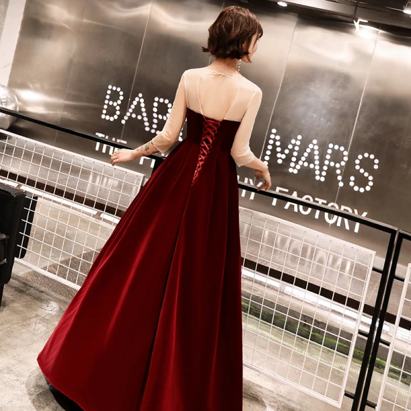 Modern / Fashion Black Suede Winter Evening Dresses 2019 A-Line / Princess Scoop Neck Long Sleeve Floor-Length / Long Ruffle Backless Formal Dresses