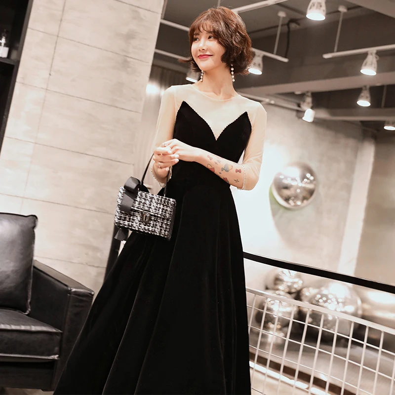 Modern Fashion Black Suede Winter Evening Dresses 2019 A Line Princess Scoop Neck Long Sleeve Floor Length Long Ruffle Backless Formal Dresses Modern Fashion Black Suede Winter Evening Dresses 2019 A Line Princess Scoop Neck Long Sleeve Floor Length Long Ruffle Backless Formal Dresses