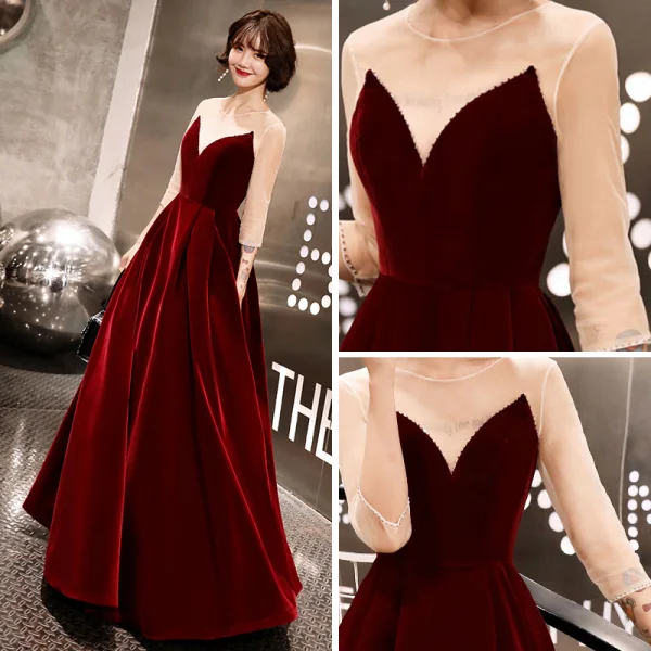 Modern / Fashion Black Suede Winter Evening Dresses 2019 A-Line / Princess Scoop Neck Long Sleeve Floor-Length / Long Ruffle Backless Formal Dresses