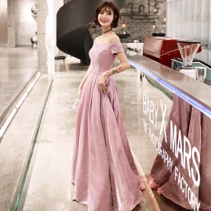 Bling Bling Candy Pink Evening Dresses 2019 A Line Princess Off The Shoulder Short Sleeve Sash Glitter Polyester Floor Length Long Ruffle Backless Formal Dresses