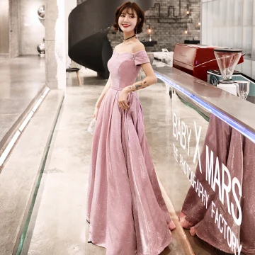 Bling Bling Candy Pink Evening Dresses 2019 A Line Princess Off The Shoulder Short Sleeve Sash Glitter Polyester Floor Length Long Ruffle Backless Formal Dresses