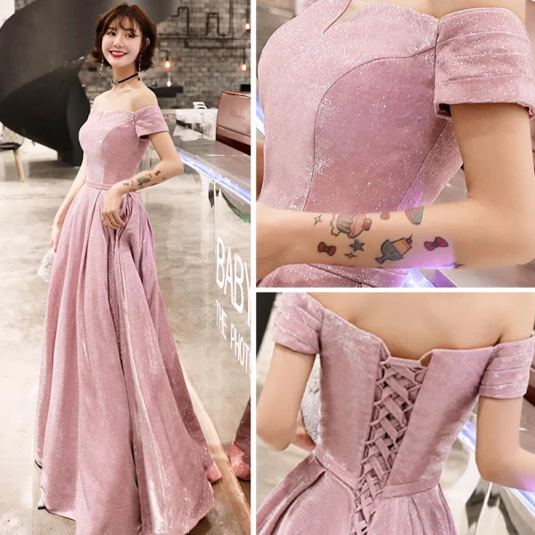 Bling Bling Pink Abendkleider 2019 A Linie Off Shoulder Kurze Ärmel Stoffgürtel Glanz Polyester Lange Rüschen Rückenfreies Festliche Kleider
