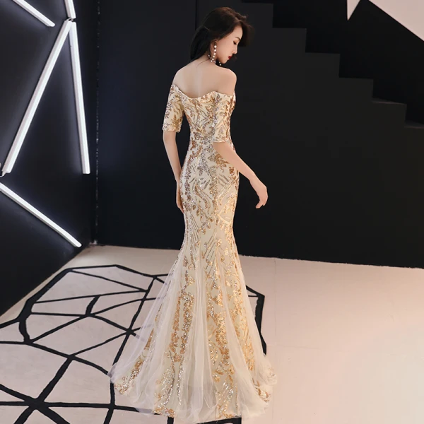 Abordable Champagne Paillettes Robe De Soirée 2018 Trompette / Sirène De l'épaule 1/2 Manches Longue Volants Dos Nu Robe De Ceremonie