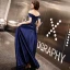 Élégant Bleu Marine Satin Robe De Soirée 2019 Princesse De l'épaule Manches Courtes Ceinture Longue Volants Dos Nu Robe De Ceremonie