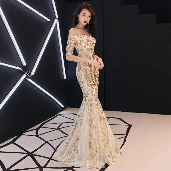 Abordable Champagne Paillettes Robe De Soirée 2018 Trompette / Sirène De l'épaule 1/2 Manches Longue Volants Dos Nu Robe De Ceremonie