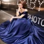 Élégant Bleu Marine Satin Robe De Soirée 2019 Princesse De l'épaule Manches Courtes Ceinture Longue Volants Dos Nu Robe De Ceremonie