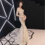 Abordable Champagne Paillettes Robe De Soirée 2018 Trompette / Sirène De l'épaule 1/2 Manches Longue Volants Dos Nu Robe De Ceremonie
