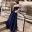 Élégant Bleu Marine Satin Robe De Soirée 2019 Princesse De l'épaule Manches Courtes Ceinture Longue Volants Dos Nu Robe De Ceremonie