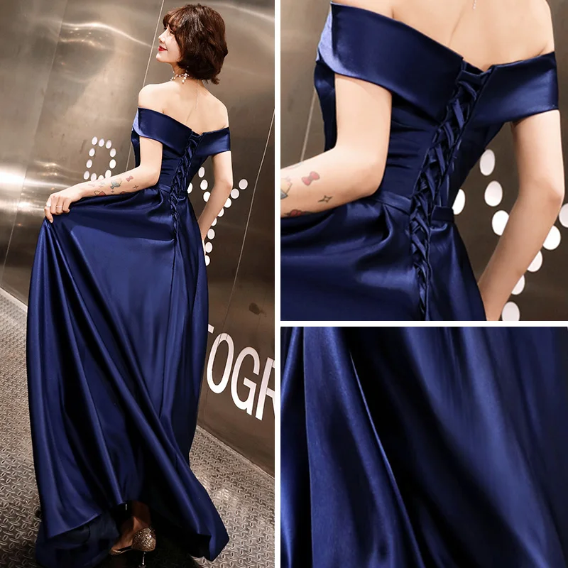 Elegant Navy Blue Satin Evening Dresses 2019 A Line Princess Off The  Shoulder Short Sleeve Sash Floor Length Long Ruffle Backless Formal Dresses