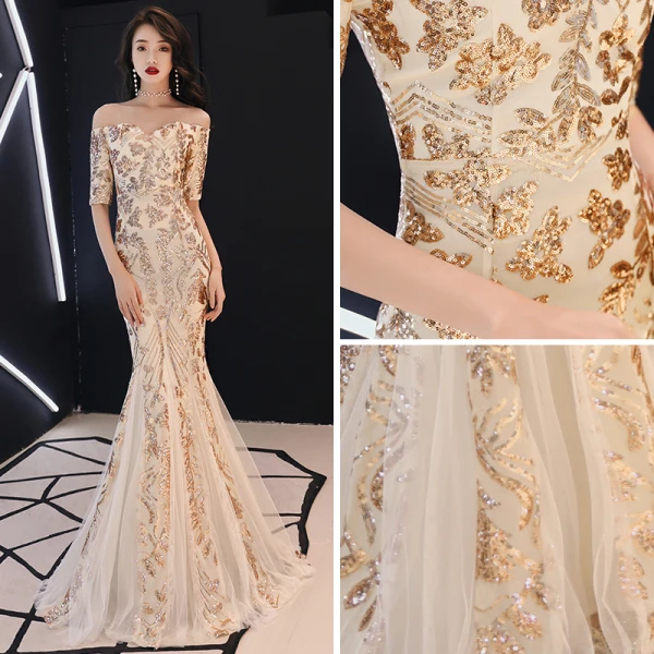 Abordable Champagne Paillettes Robe De Soirée 2018 Trompette / Sirène De l'épaule 1/2 Manches Longue Volants Dos Nu Robe De Ceremonie
