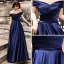 Élégant Bleu Marine Satin Robe De Soirée 2019 Princesse De l'épaule Manches Courtes Ceinture Longue Volants Dos Nu Robe De Ceremonie