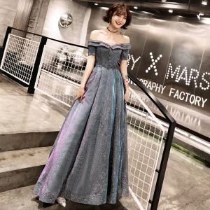 Bling Bling Grå Selskapskjoler 2019 Prinsesse Av Skulderen Korte Ermer Glitter Polyester Sash Lange Buste Ryggløse Formelle Kjoler