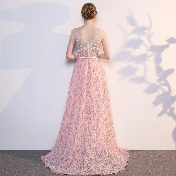 Affordable Pearl Pink Evening Dresses 2019 A-Line / Princess Scoop Neck Sleeveless Appliques Lace Pearl Rhinestone Sweep Train Ruffle Backless Formal Dresses