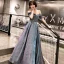 Bling Bling Grau Abendkleider 2019 A Linie Off Shoulder Kurze Ärmel Glanz Polyester Stoffgürtel Lange Rüschen Rückenfreies Festliche Kleider