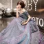 Bling Bling Grau Abendkleider 2019 A Linie Off Shoulder Kurze Ärmel Glanz Polyester Stoffgürtel Lange Rüschen Rückenfreies Festliche Kleider