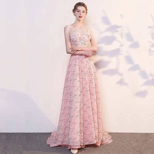 Affordable Pearl Pink Evening Dresses 2019 A-Line / Princess Scoop Neck Sleeveless Appliques Lace Pearl Rhinestone Sweep Train Ruffle Backless Formal Dresses