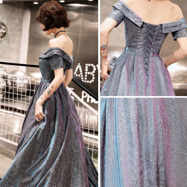 Bling Bling Grau Abendkleider 2019 A Linie Off Shoulder Kurze Ärmel Glanz Polyester Stoffgürtel Lange Rüschen Rückenfreies Festliche Kleider