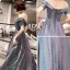 Bling Bling Grau Abendkleider 2019 A Linie Off Shoulder Kurze Ärmel Glanz Polyester Stoffgürtel Lange Rüschen Rückenfreies Festliche Kleider