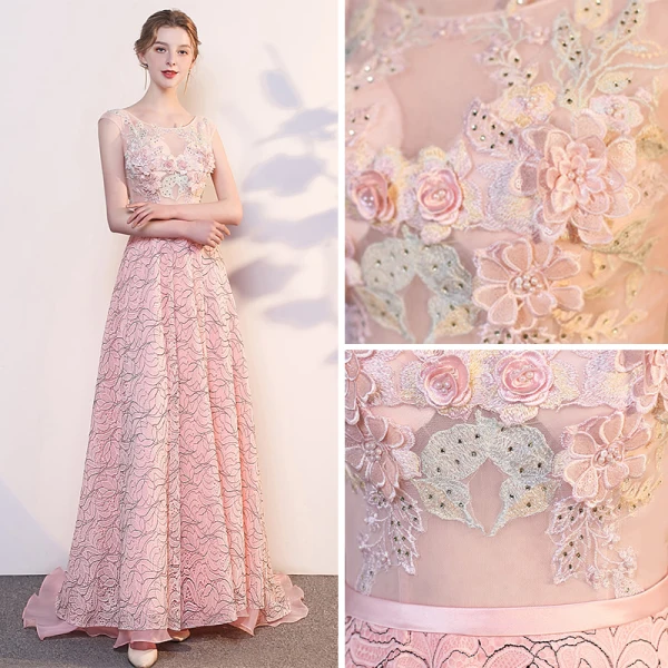 Affordable Pearl Pink Evening Dresses 2019 A-Line / Princess Scoop Neck Sleeveless Appliques Lace Pearl Rhinestone Sweep Train Ruffle Backless Formal Dresses