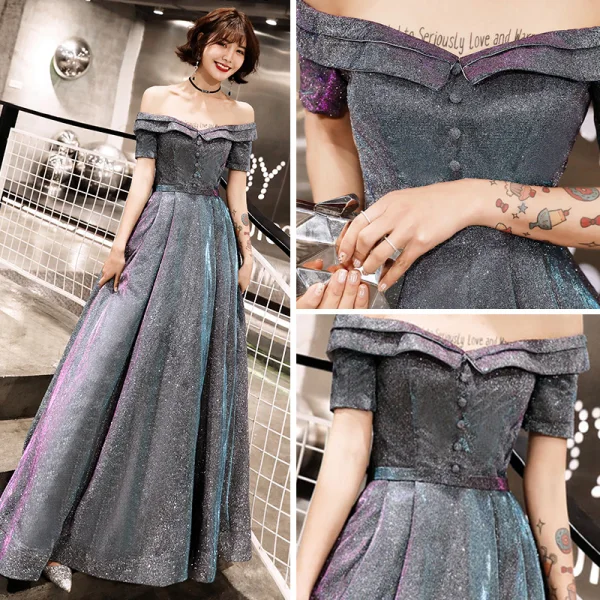 Bling Bling Grau Abendkleider 2019 A Linie Off Shoulder Kurze Ärmel Glanz Polyester Stoffgürtel Lange Rüschen Rückenfreies Festliche Kleider