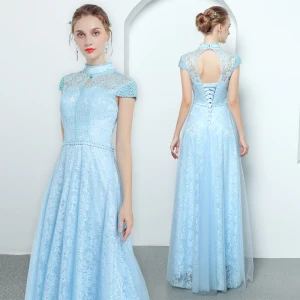 Vintage Originale Bleu Ciel Robe De Soirée 2019 Princesse Col Haut Mancherons Perle Perlage Ceinture Longue Volants Dos Nu Robe De Ceremonie