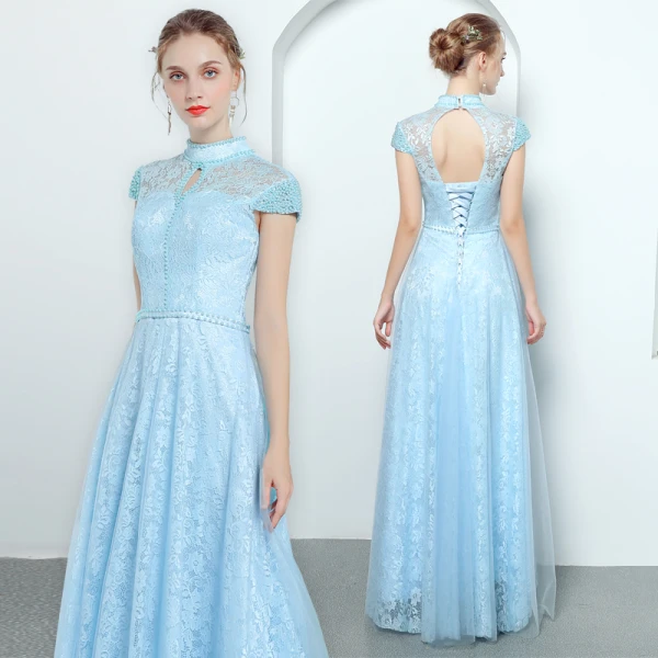 Vintage / Originale Bleu Ciel Robe De Soirée 2019 Princesse Col Haut Mancherons Perle Perlage Ceinture Longue Volants Dos Nu Robe De Ceremonie