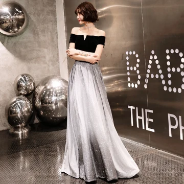 Élégant Argenté Noire Robe De Soirée 2019 Princesse De L 039 Épaule Manches Courtes Ceinture Glitter Polyester Longue Volants Dos Nu Robe De Ceremonie