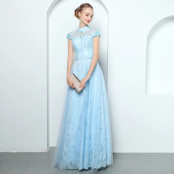 Vintage / Originale Bleu Ciel Robe De Soirée 2019 Princesse Col Haut Mancherons Perle Perlage Ceinture Longue Volants Dos Nu Robe De Ceremonie