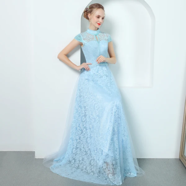 Vintage / Originale Bleu Ciel Robe De Soirée 2019 Princesse Col Haut Mancherons Perle Perlage Ceinture Longue Volants Dos Nu Robe De Ceremonie